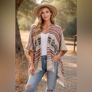 Quagga Southwestern Aztec Fringe Cape Poncho Western Boho Festival Cozy One Size
